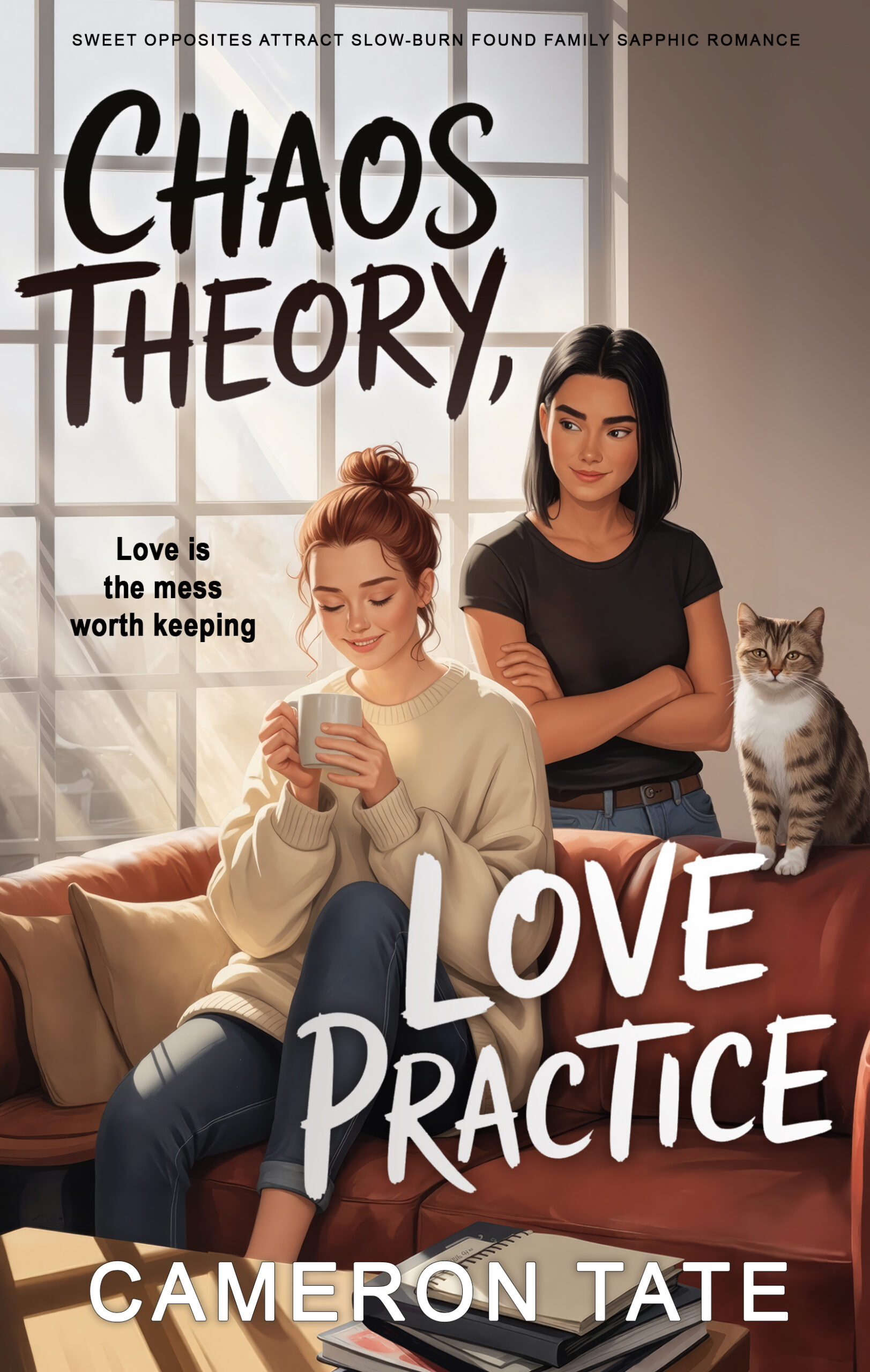 Chaos Theory, Love Practice - cover of an opposites attract sweet sapphic romance by Cameron Tate