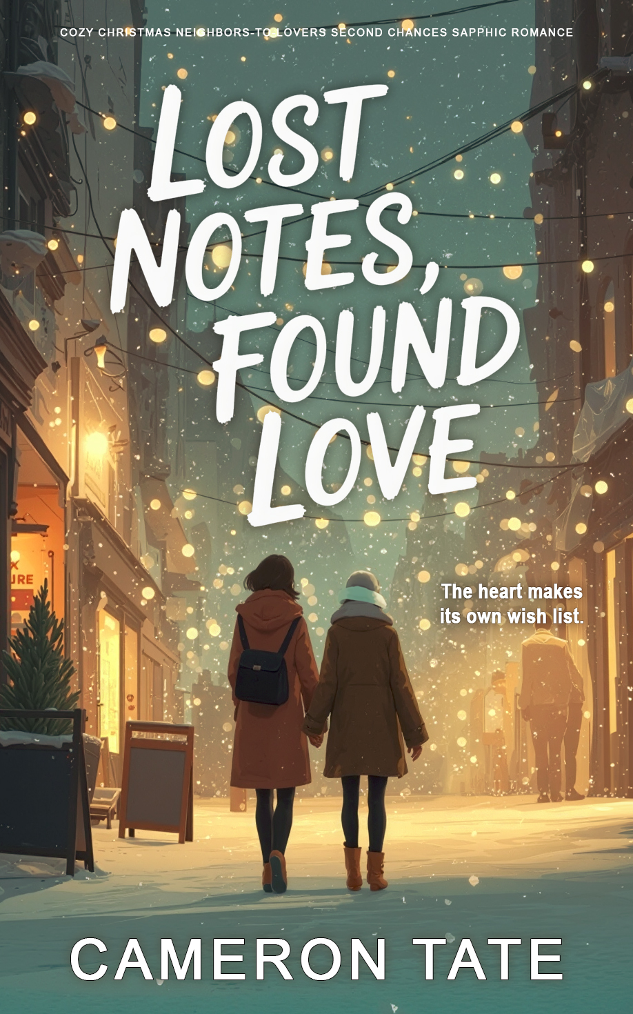 Cover of Lost Notes, Found Love by Cameron Tate — a cozy sapphic Christmas romance featuring snow, lights, and warm red tones