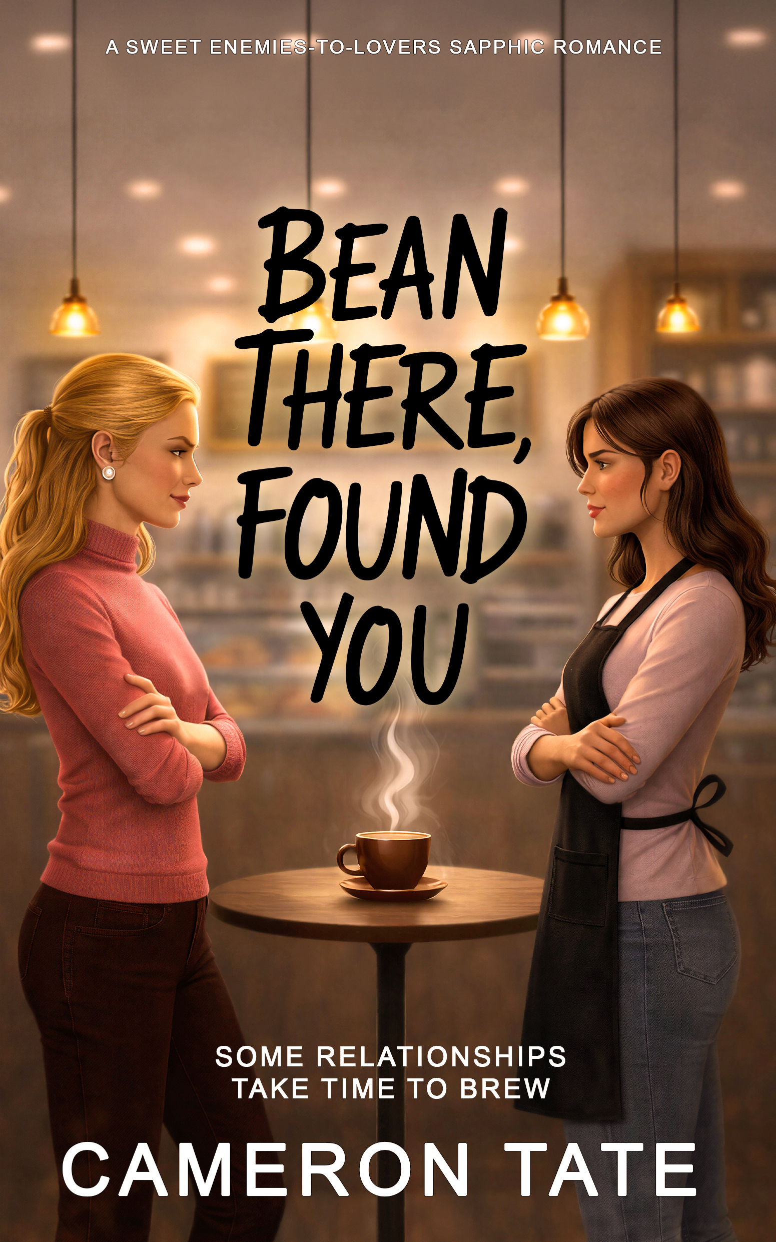 Cover of Bean There, Found You by Cameron Tate, with opposites attract, two girls glaring at each other with a cup of coffee between them